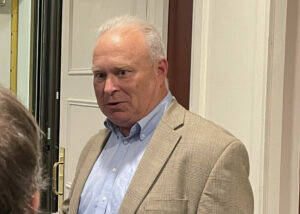 Jerry Cornfield / Washington State Standard
State Rep. Jim Walsh of Aberdeen is speaking to reporters about being elected chair of the Washington State Republican Party, on Aug. 12, 2023 in Olympia.