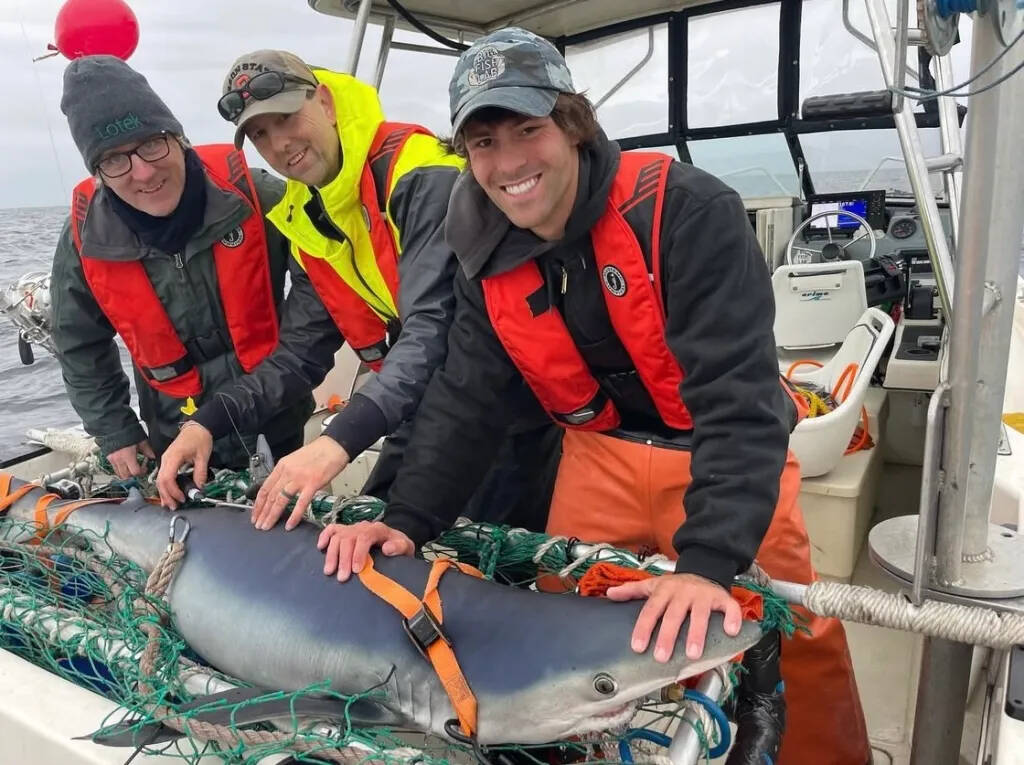 Chinook Observer
Ilwaco High School 2018 graduate Ethan Personious, a Ph.D. student, is among the researchers who study shark populations in Willapa Bay for Oregon State Universitys Big Fish Lab. Pictured are Padraic OFlaherty, Dr. James Sulikowski and Personius (left to right).
