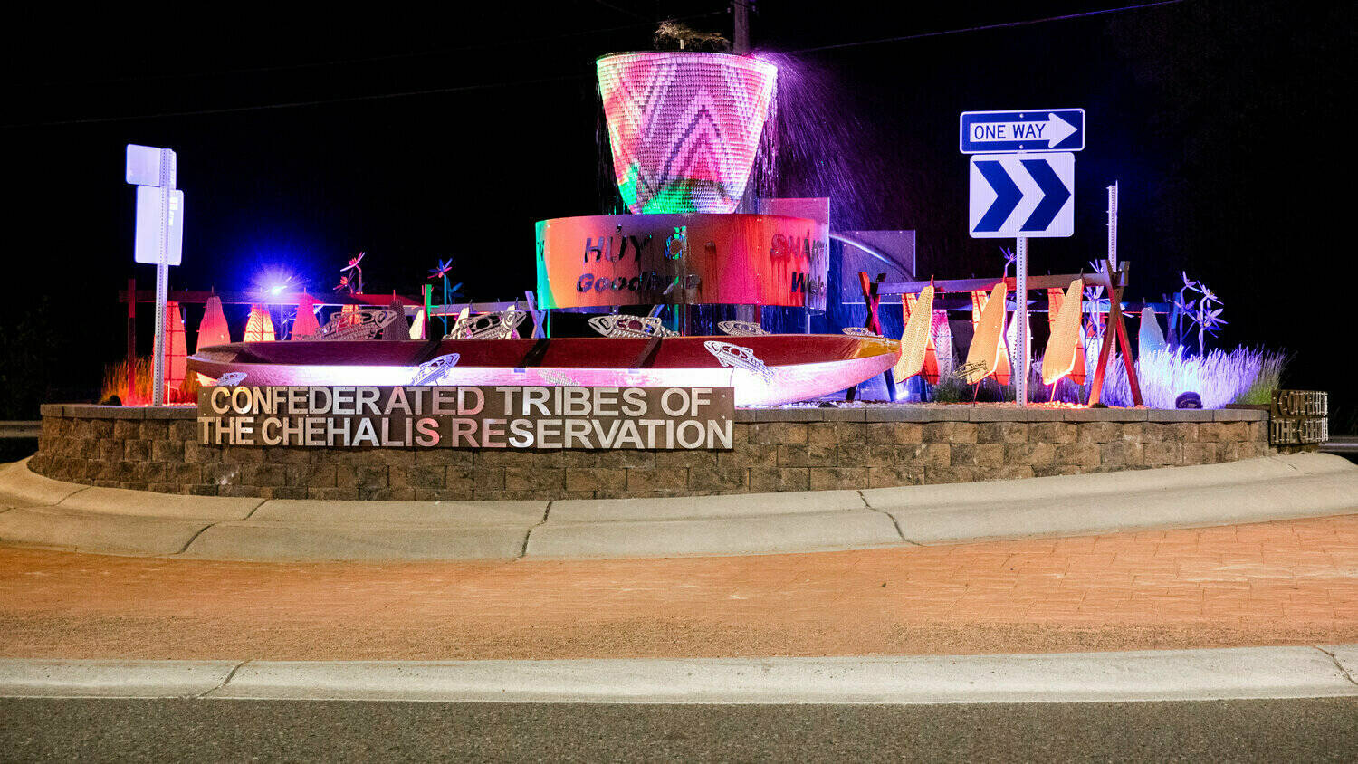 File photo
A roundabout decorated with items of significance for the Confederated Tribes of the Chehalis Reservation is illuminated along Anderson Road near Oakville.