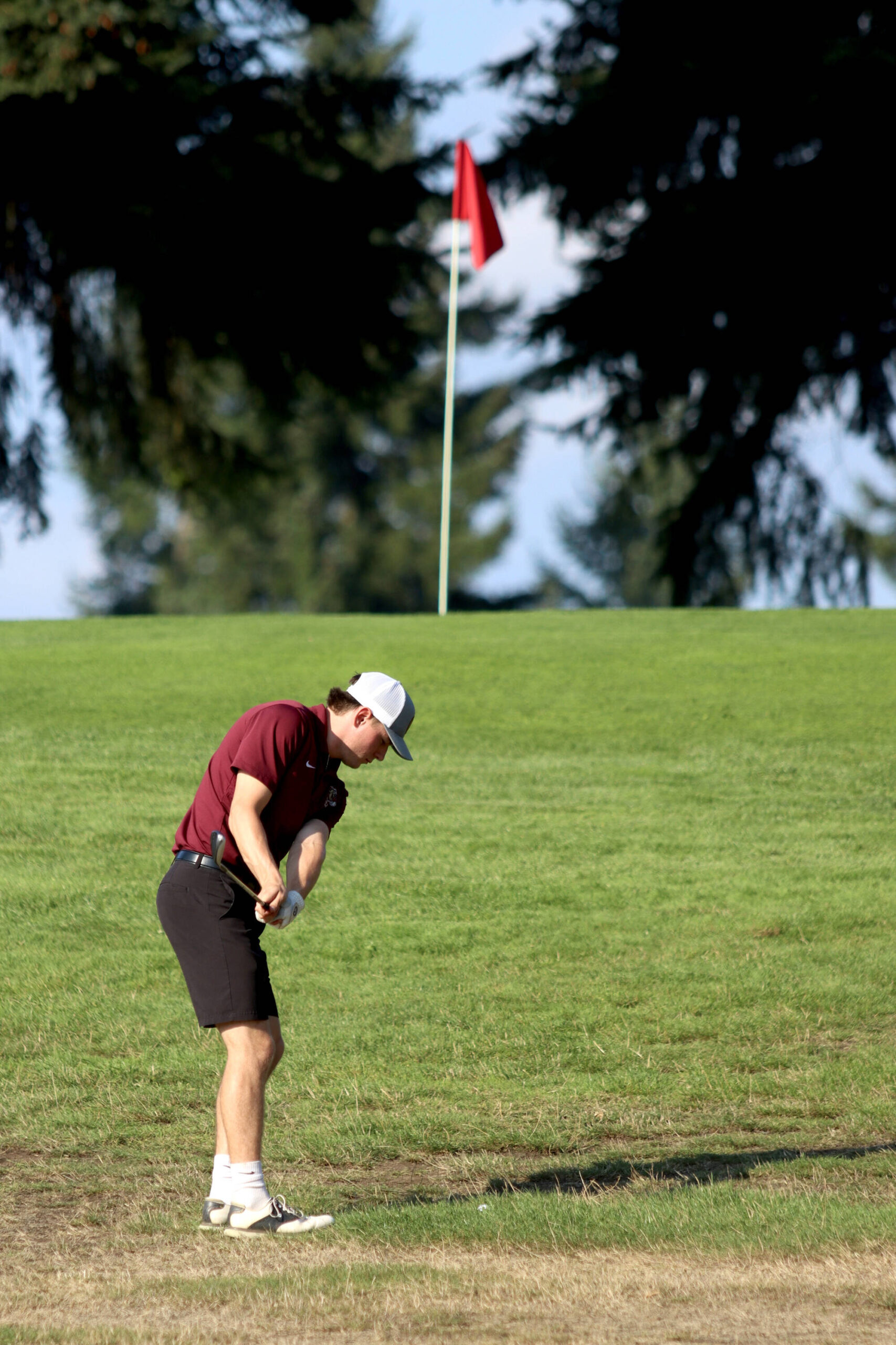 PHOTO BY HAILEY BLANCAS Montesano’s Colton Grubb chips from the fairway during a Bulldogs win over Rochester on Wednesday at the Riverside Golf Course in Chehalis.