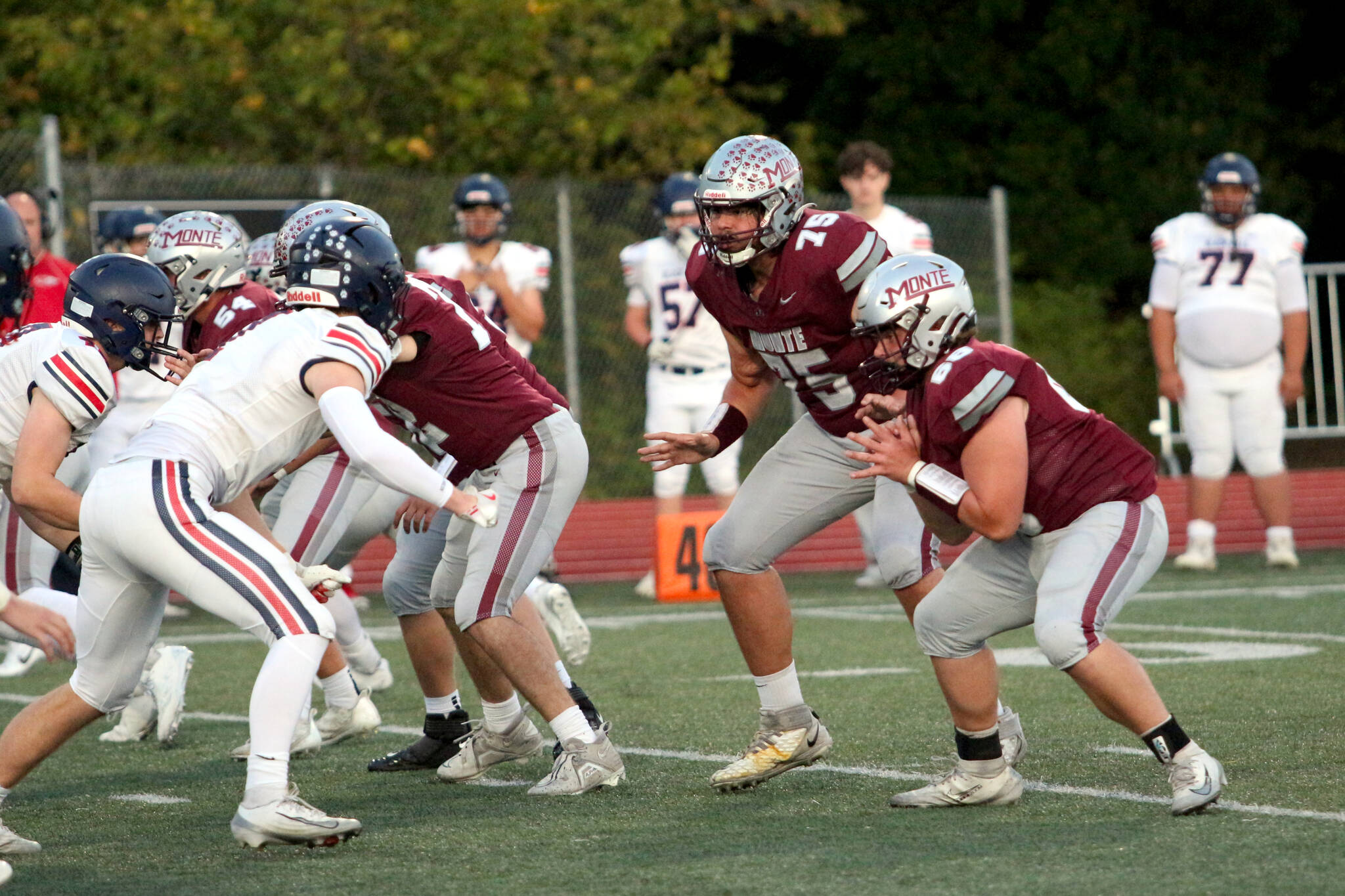 RYAN SPARKS | THE DAILY WORLD Montesano lineman Kyle Caton (right) and Lucas Delgado (75) block on a play in the first quarter of a 44-7 victory over Black Hills on Friday at Jack Rottle Field in Montesano.