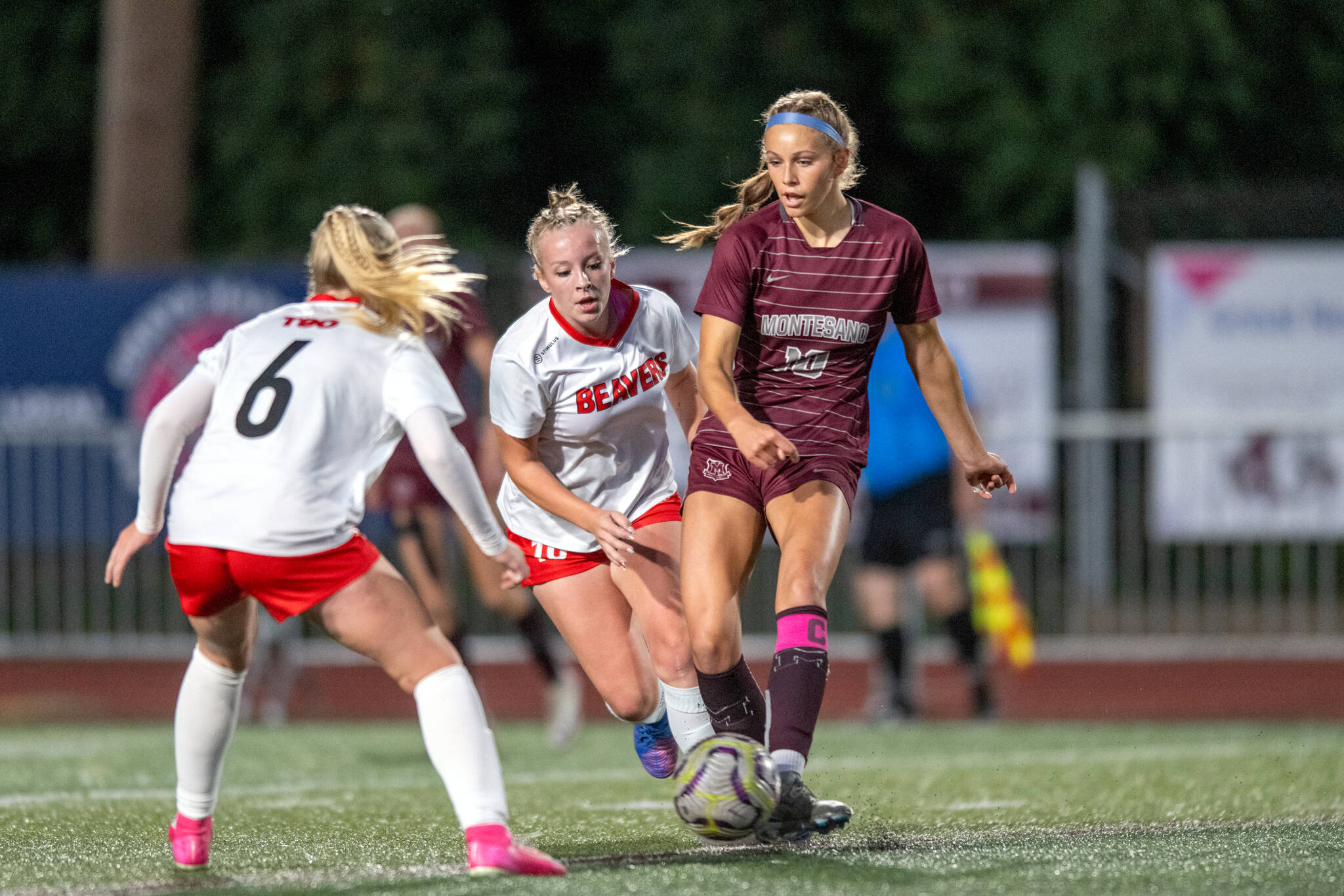 PHOTO BY FOREST WORGUM Montesanos Lex Stanfield (right) scored two goals less than two minutes into the game in the Bulldogs 4-0 victory over Tenino on Thursday in Montesano.