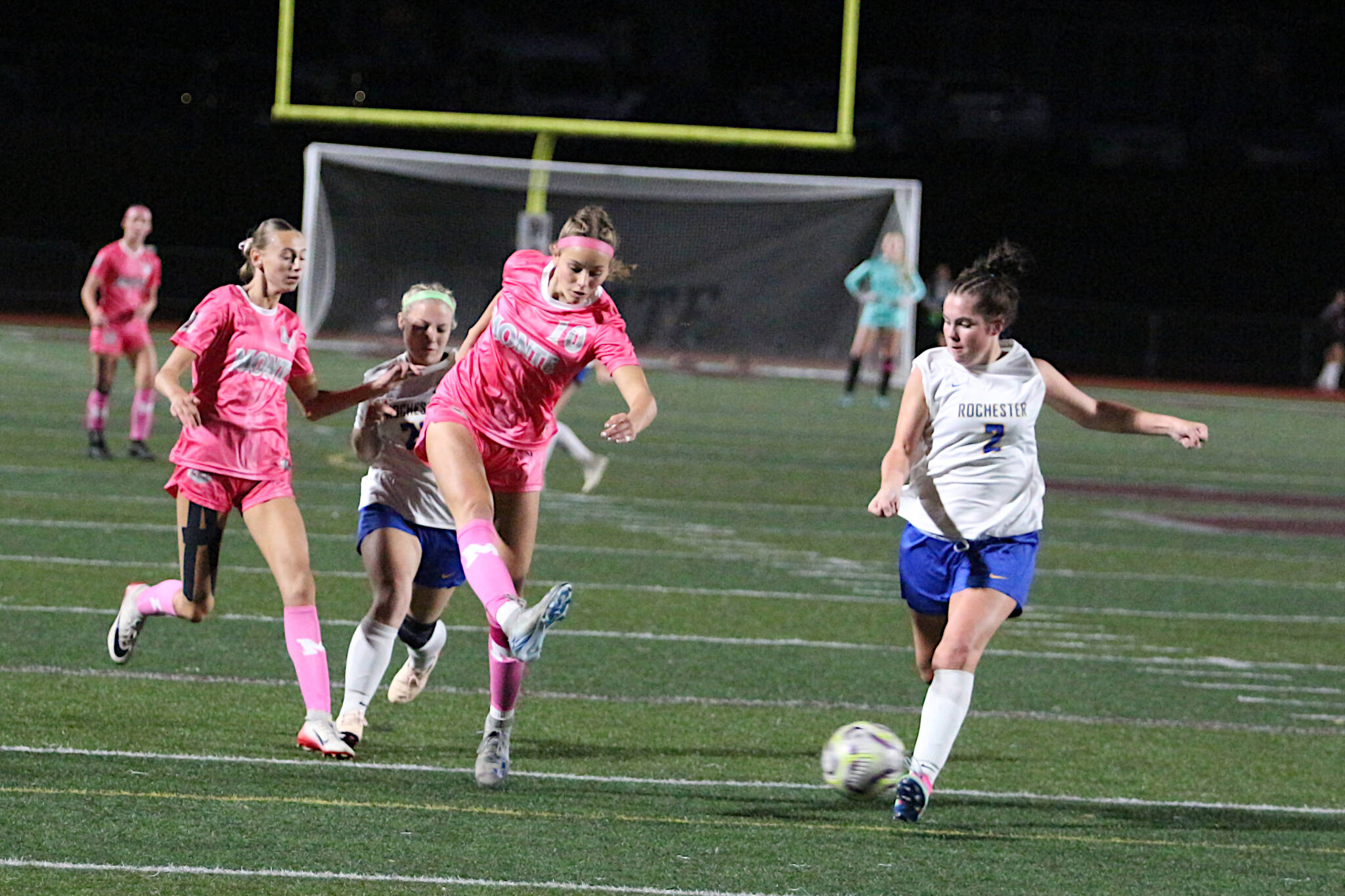RYAN SPARKS | THE DAILY WORLD Montesano forward Lex Stanfield scores one of her four goals during an 8-0 victory over Rochester on Thursday at Montesano High School.