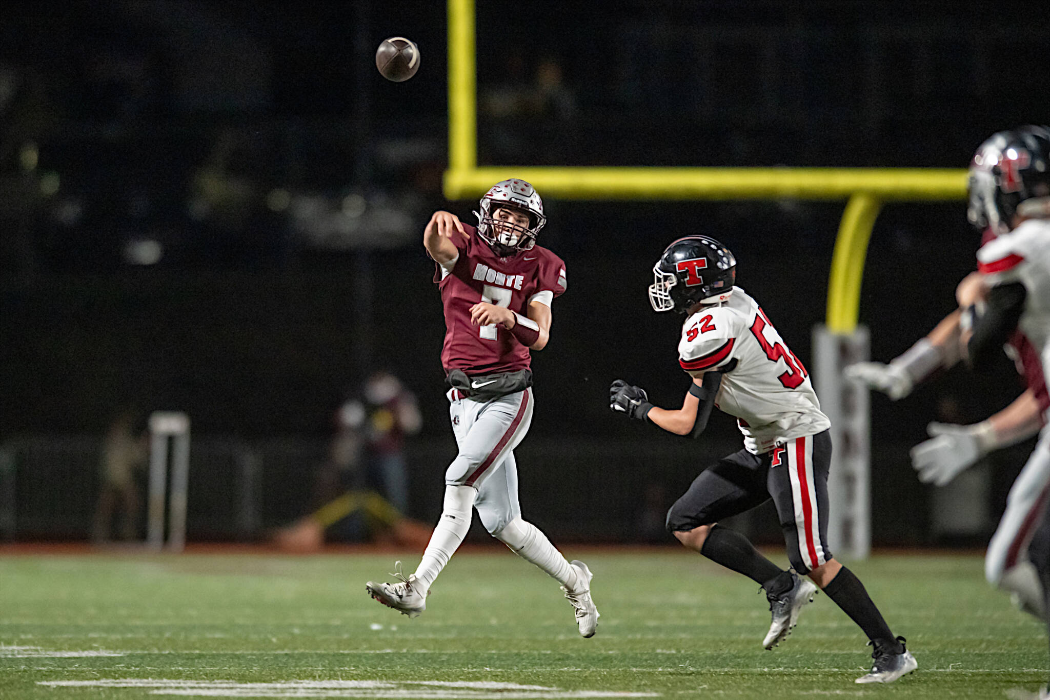 PHOTO BY FOREST WORGUM Montesano quarterback Tyson Perry (7) throws a pass during a 49-0 win over Tenino on Friday at Montesano High School. Perry threw for 215 yards and four touchdowns in the victory.