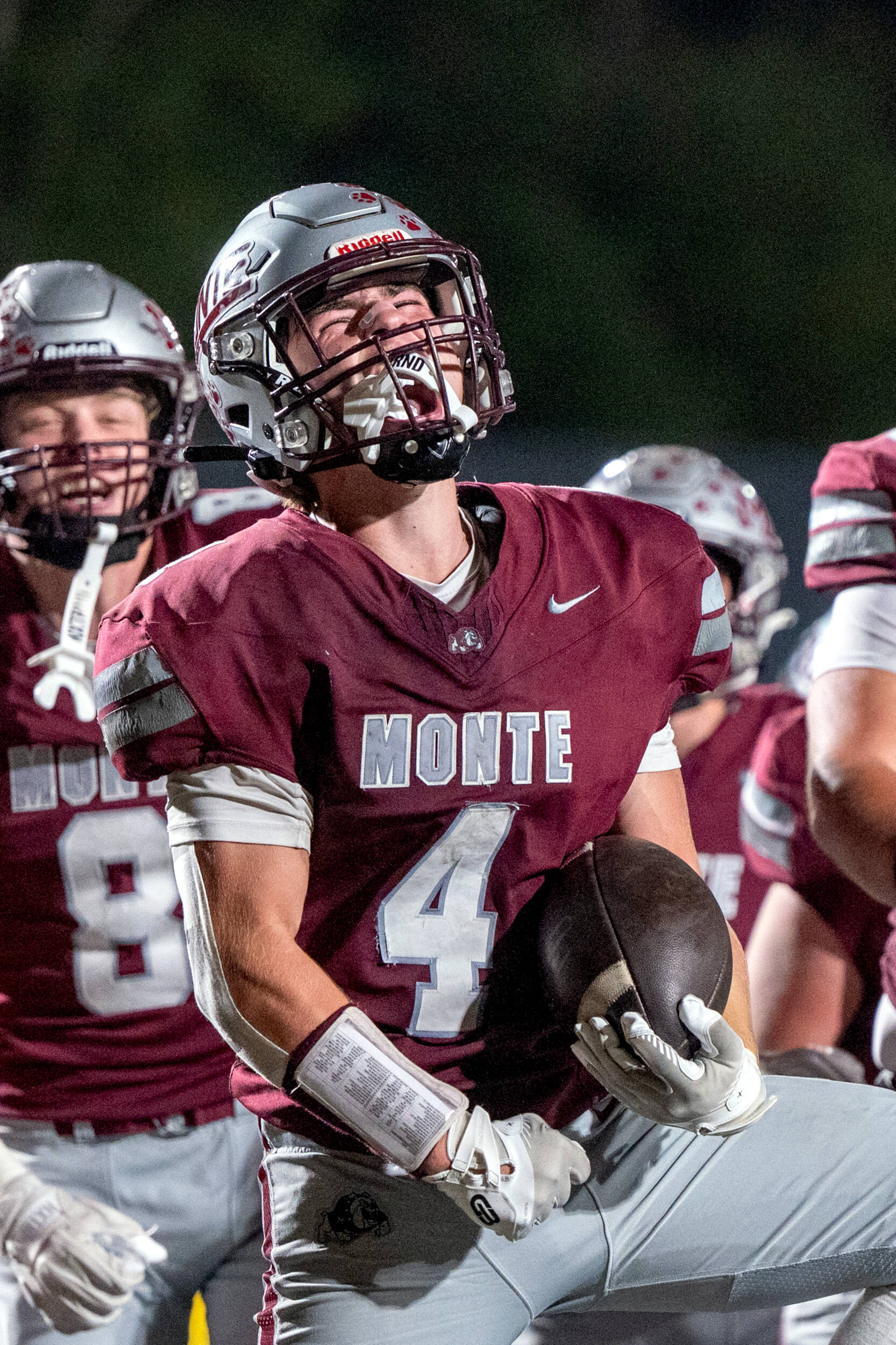 PHOTO BY FOREST WORGUM 
Montesano’s Zach Timmons celebrates after intercepting a pass during last week’s win over Tenino. The Bulldogs face Hoquiam in a league game on Friday at Olympic Stadium in Hoquiam.