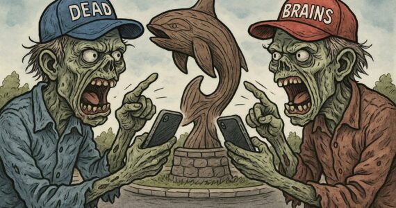 CJ Ripley
Zombies have taken over the Ocean Shores roundabout. Blue hats, red hats — same brain cell, different ringtone. The whale’s just wondering when the adults will log off.