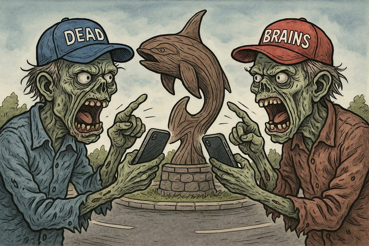 CJ Ripley
Zombies have taken over the Ocean Shores roundabout. Blue hats, red hats — same brain cell, different ringtone. The whale’s just wondering when the adults will log off.