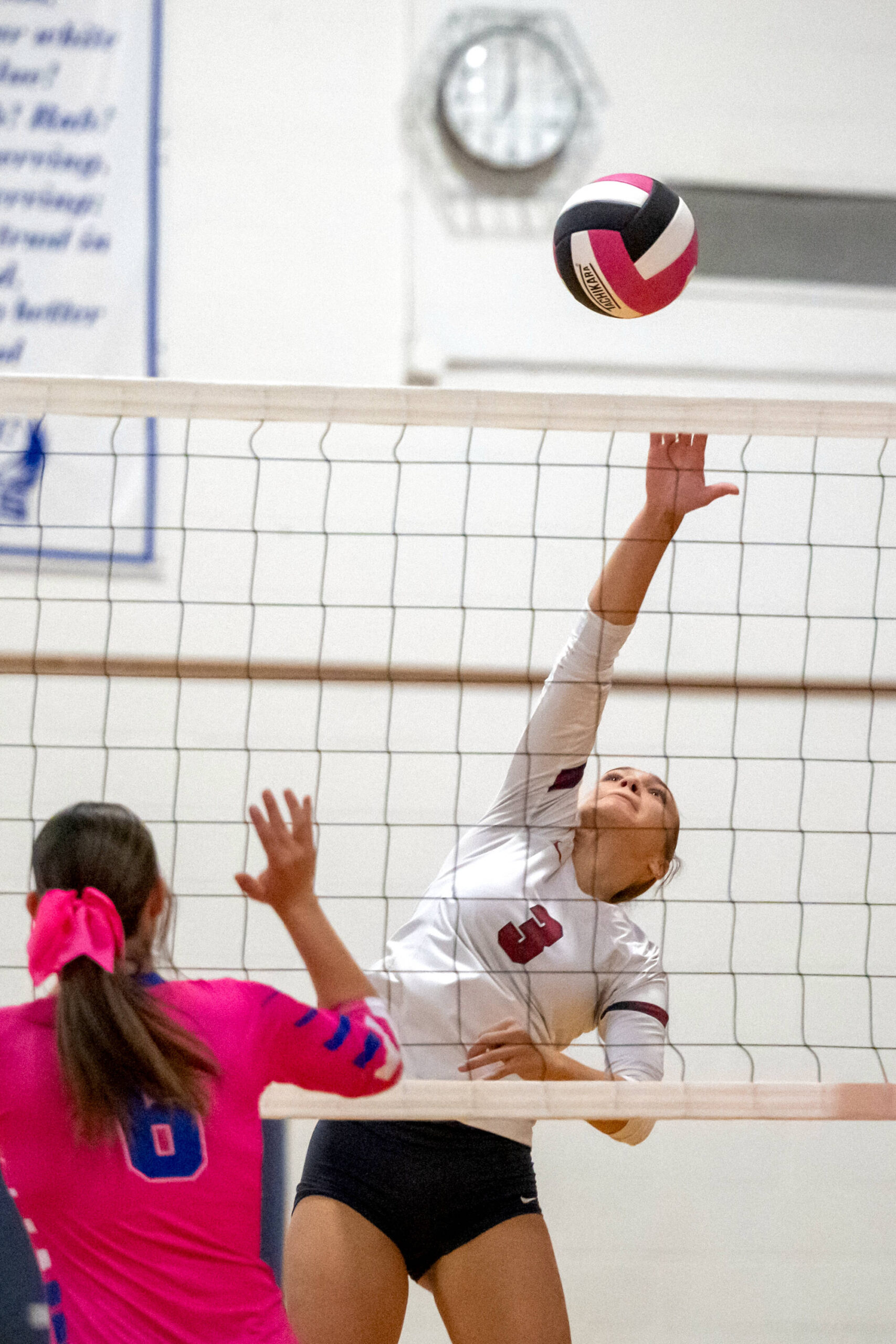 PHOTO BY FOREST WORGUM 
Hoquiam outside hitter Hallie Burgess (3) spikes the ball during a 3-0 win over Elma on Tuesday at Elma High School.