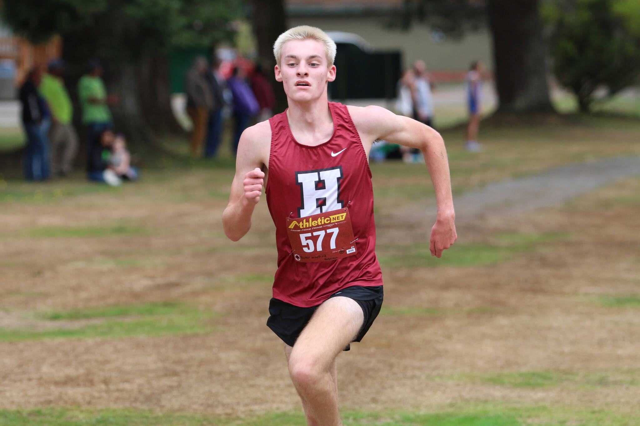 DAILY WORLD FILE PHOTO Hoquiam’s Ryker Maxfield, seen here in a file photo from Sept. 6, won the boys 5K race at the Rainier Invitational on Wednesday at Rainier Elementary School.
