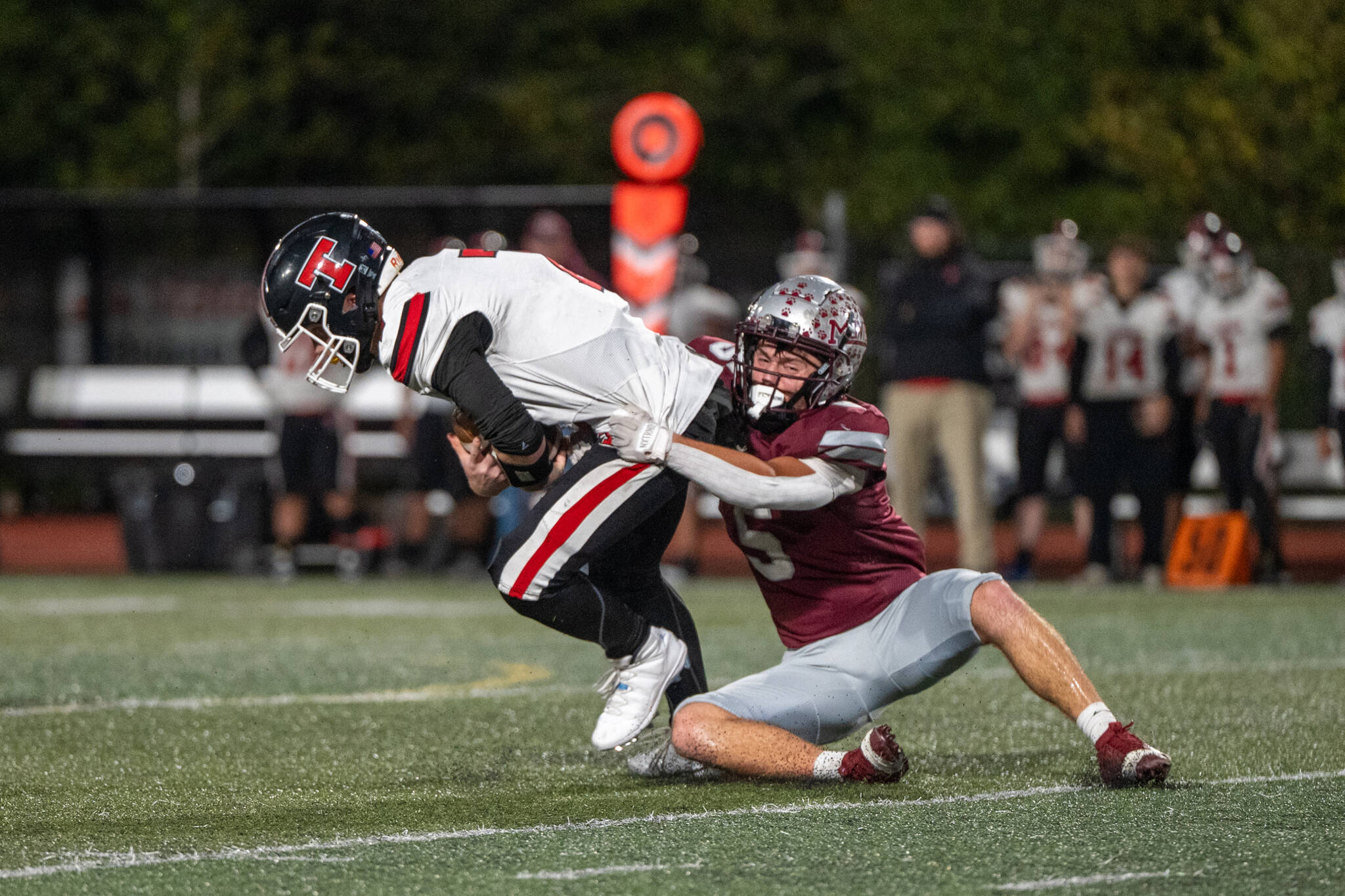 PHOTO BY FOREST WORGUM 
Montesano’s Carter Conklin-Smith (right) makes a tackle during a game against Tenino on Oct. 4. The Bulldogs take on Rochester in a battle for first place in the 1A Evergreen League on Friday.