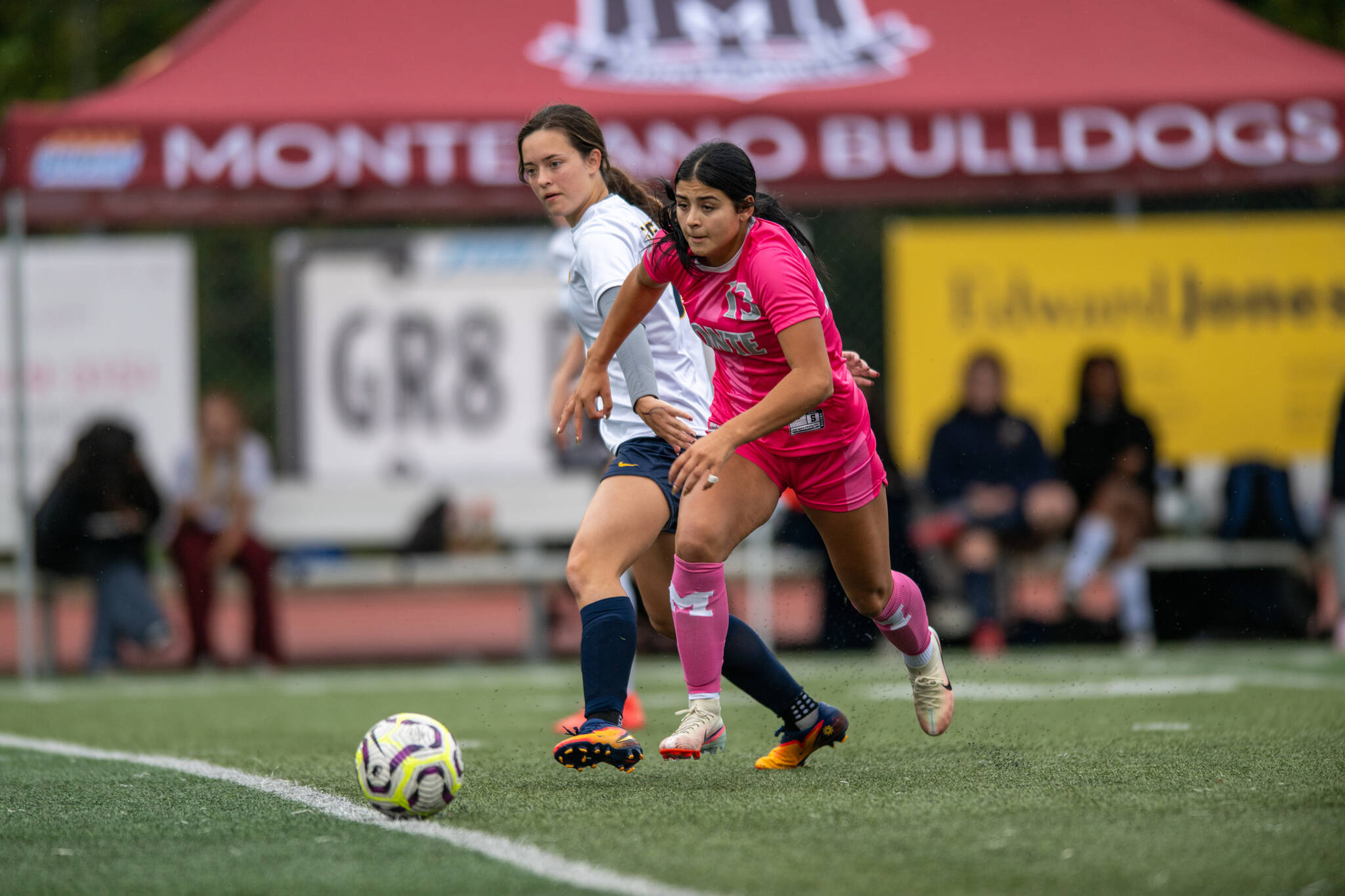 PHOTO BY FOREST WORGUM Montesano forward Jaelyn Butterfield (right) gets past Annie Wright’s Kaelynn Zautner during a 3-0 win on Saturday at Montesano High School.