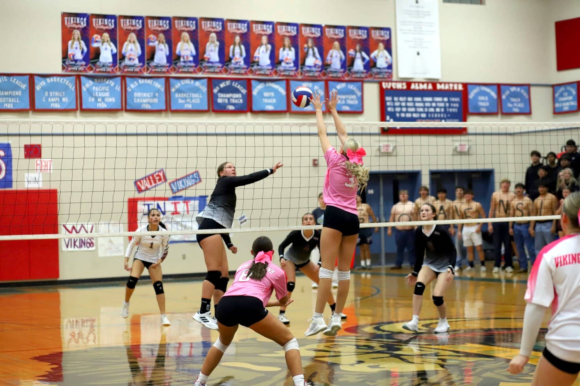 PHOTO BY LARRY BALE Willapa Valleys Paislee Hurley (3) defends a spike from Raymond-South Bends Kassie Koski during the Vikings 3-1 win on Thursday in Menlo.
