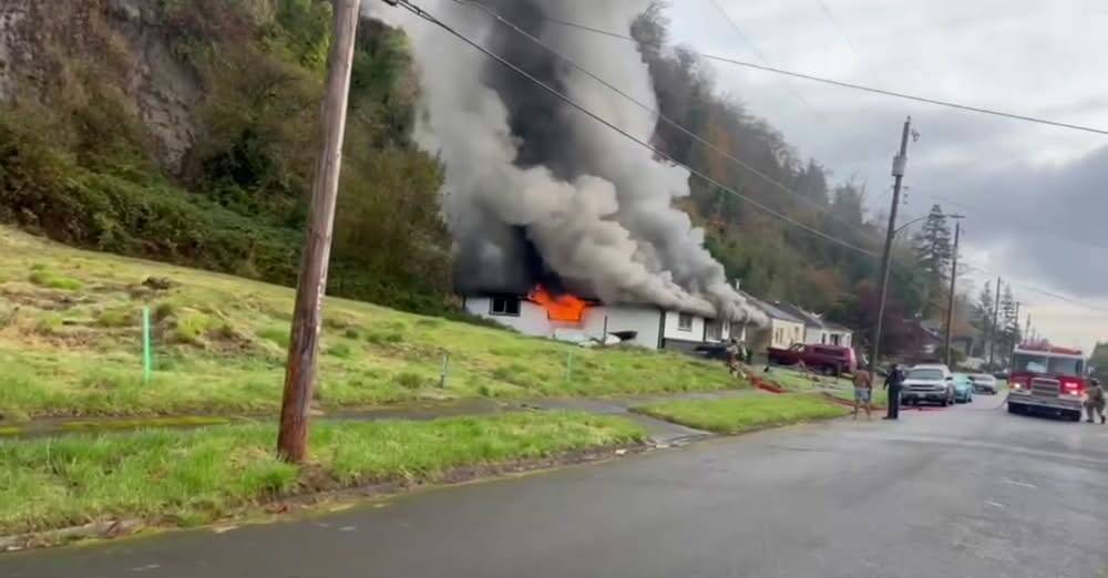 KING 5 video capture
Hoquiam family escapes harm in house fire on Sunday.