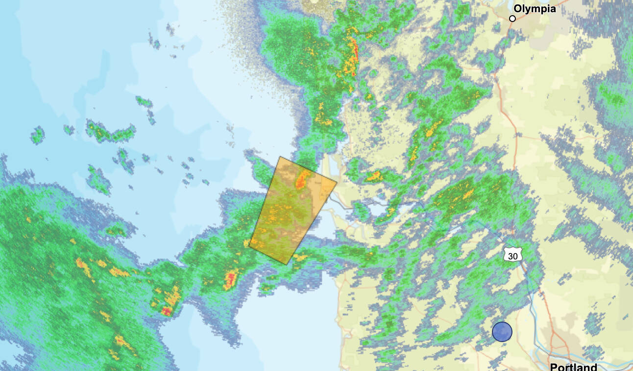 National Weather Service 
The National Weather Service issued a warning about waterspouts or brief tornadoes on the south Washington coast Wednesday, Nov. 5. One area of concern was shaded yellow on this map.