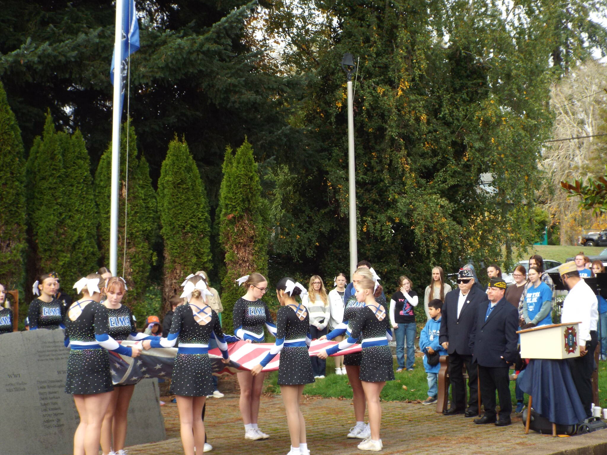 In his closing remarks, Rick Angeli, Commander of VFW Post 1948, thanked the Elma High School band, choir and drill team, and the Scouts for participating in the ceremony. The choir sang The Star-Spangled Banner and the band performed the Armed Forces Medley.