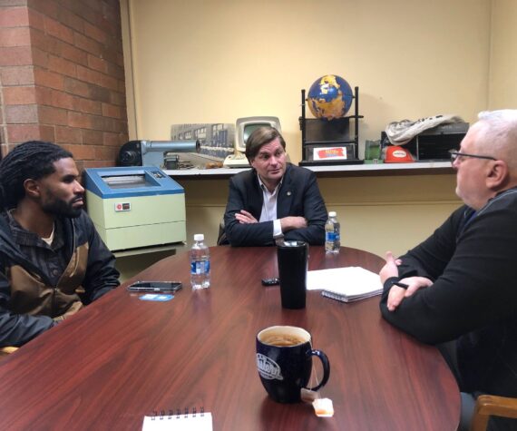 Michael Wagar / The Daily World
From left, state Treasurer Outreach and Community Engagement Director Jesse Johnson, state Treasurer Mike Pellicciotti and The Daily World reporter Jerry Knaak on Wednesday at the newspaper’s conference room.