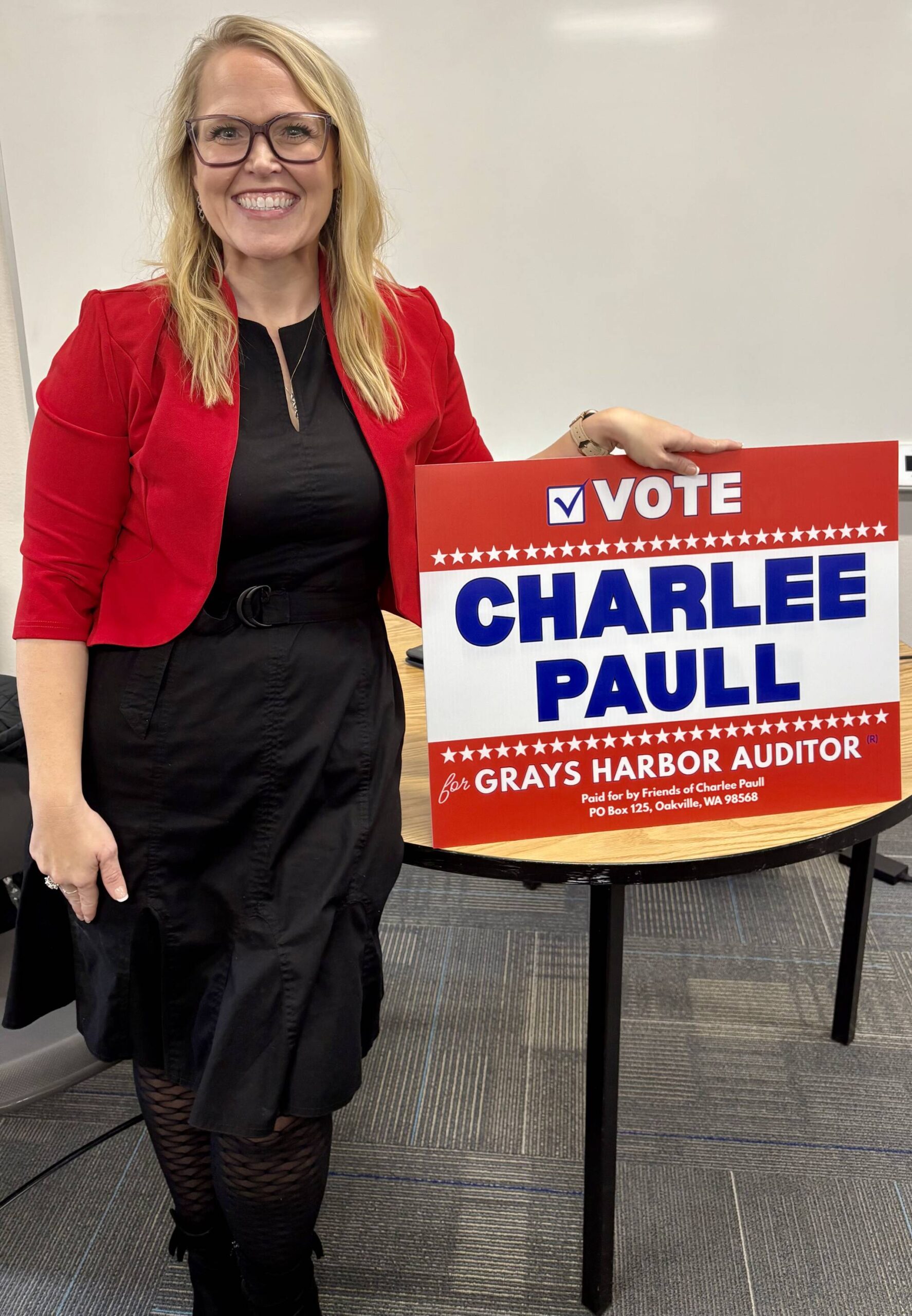 Oakville-native Charlee Paull declared her candidacy for Grays Harbor County auditor on Monday, Nov. 24 at Oakville High School. (Jerry Knaak / The Daily World)