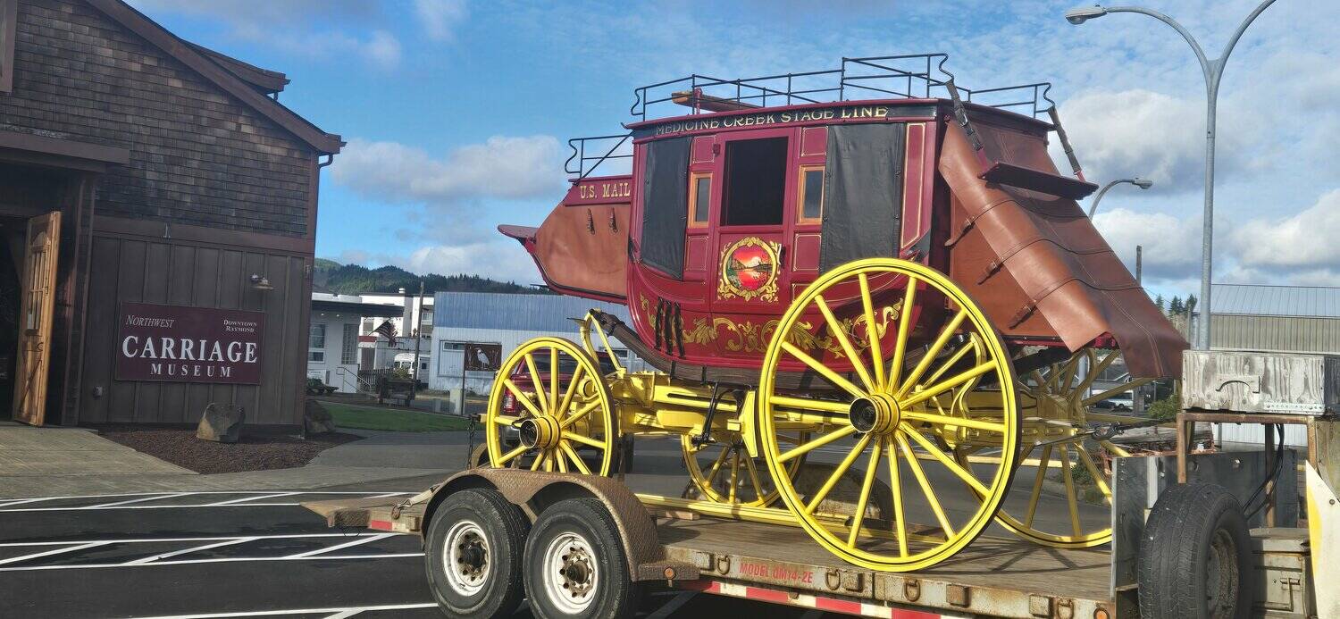 Northwest Carriage Museum
An Abbot-Downing Stagecoach is the latest addition to the Northwest Carriage Museum in Raymond. The Abbot-Downing Stagecoach fascinated visitors to the Medicine Creek Winery for many years before being donated to the museum in October.