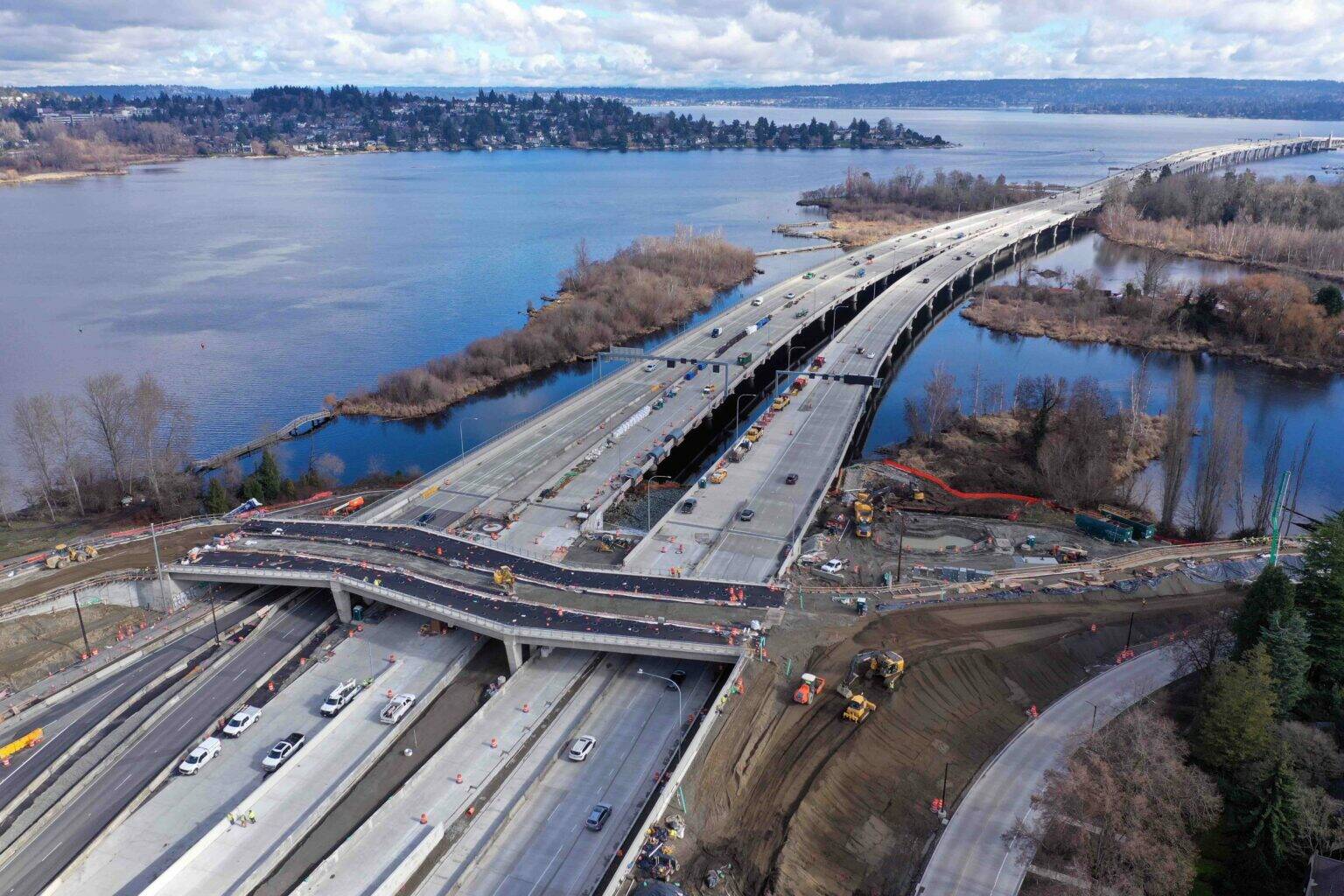 Washington State Department of Transportation
An aerial view in February 2024 of work on a new bike and pedestrian bridge over State Route 520 and connecting trails north and south of the highway.