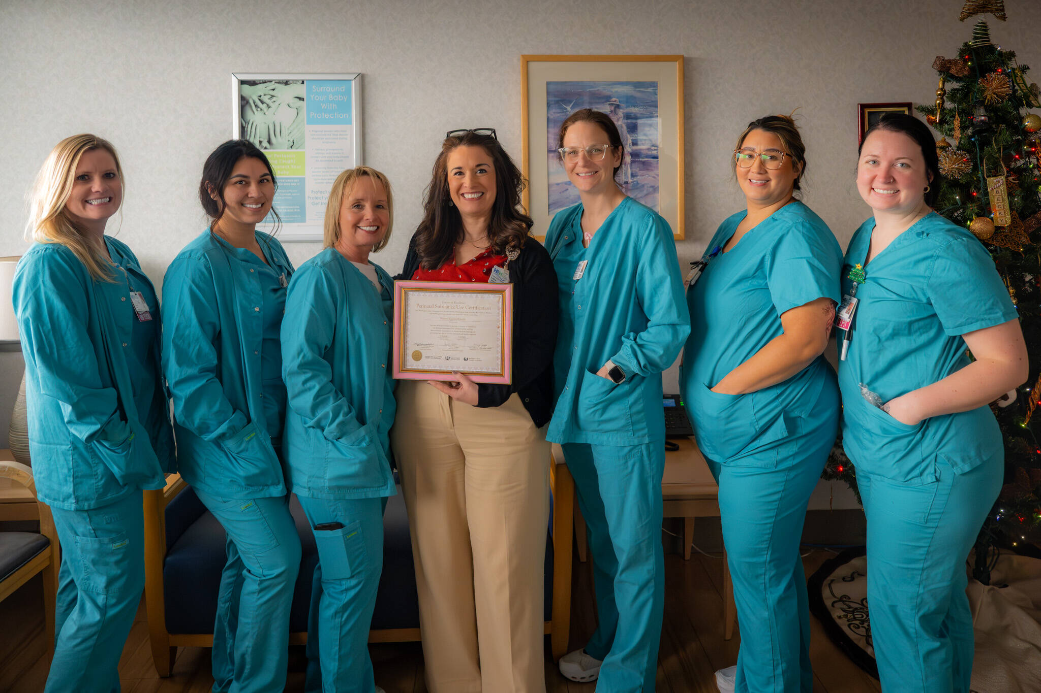 Photo courtesy of Harbor Regional Health
The Harbor Regional Health Family Birth Center team poses for a photo with its Center of Excellence for Perinatal Substance Use award.