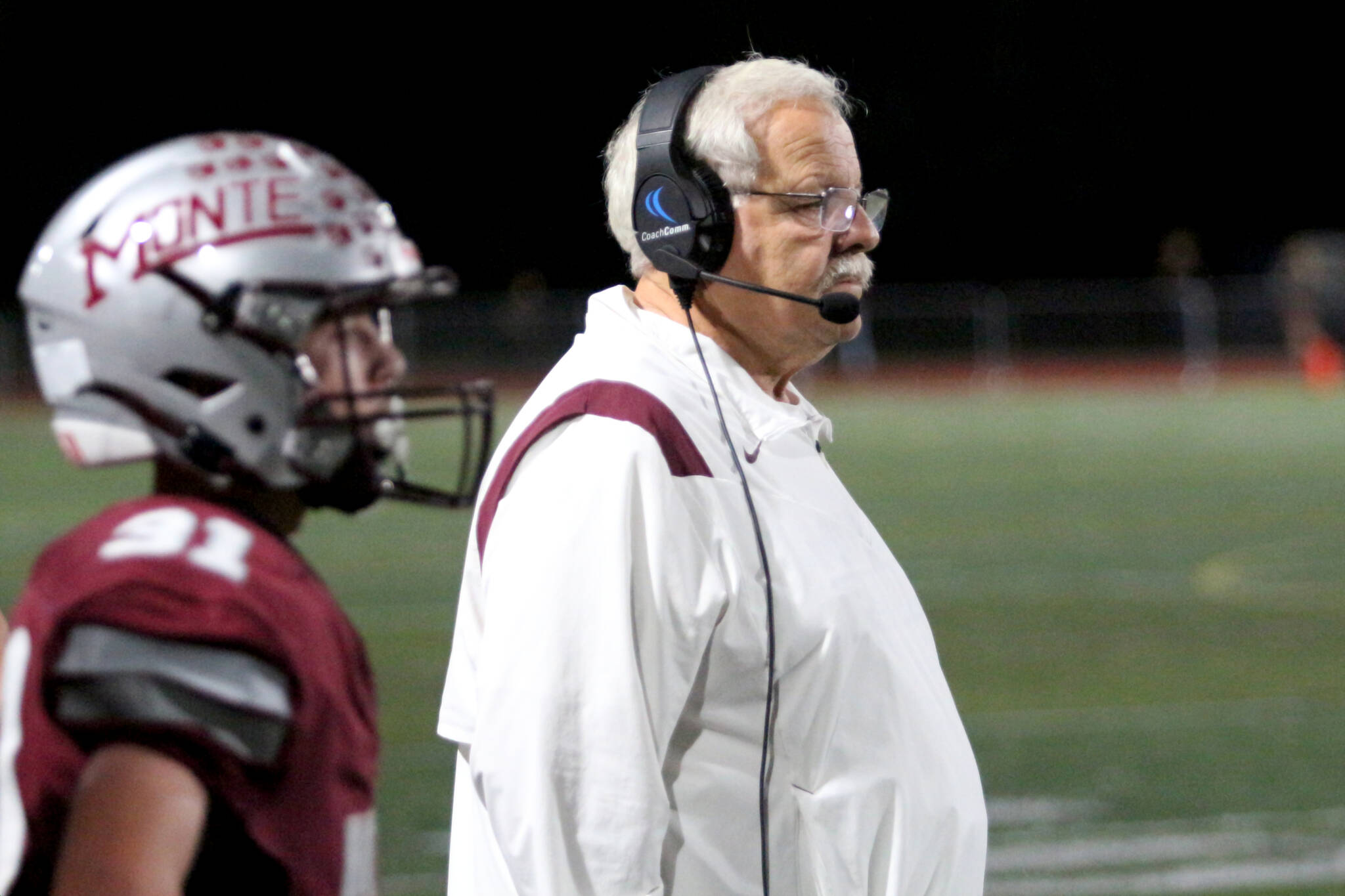 DAILY WORLD FILE PHOTO Legendary Montesano football coach Terry Jensen, seen here in a game from Oct. 3, 2025 against Tenino, announced he has retired as the Bulldogs head coach after 24 seasons.
