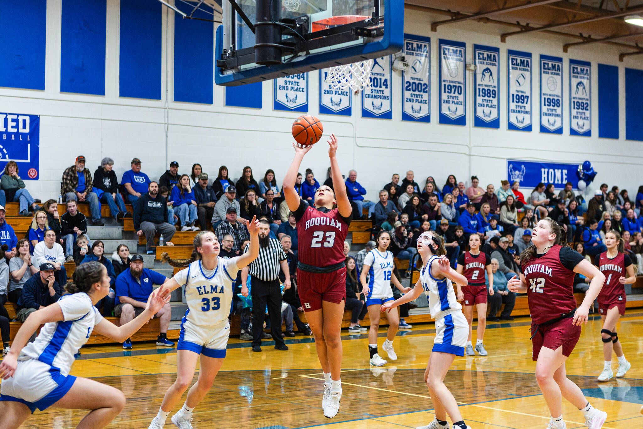 PHOTO BY MIKE ROBERTS Hoquiam forward Aaliyah Kennedy (23) scores two of her game-high 28 points in a 51-38 victory over Elma on Tuesday at Elma High School.