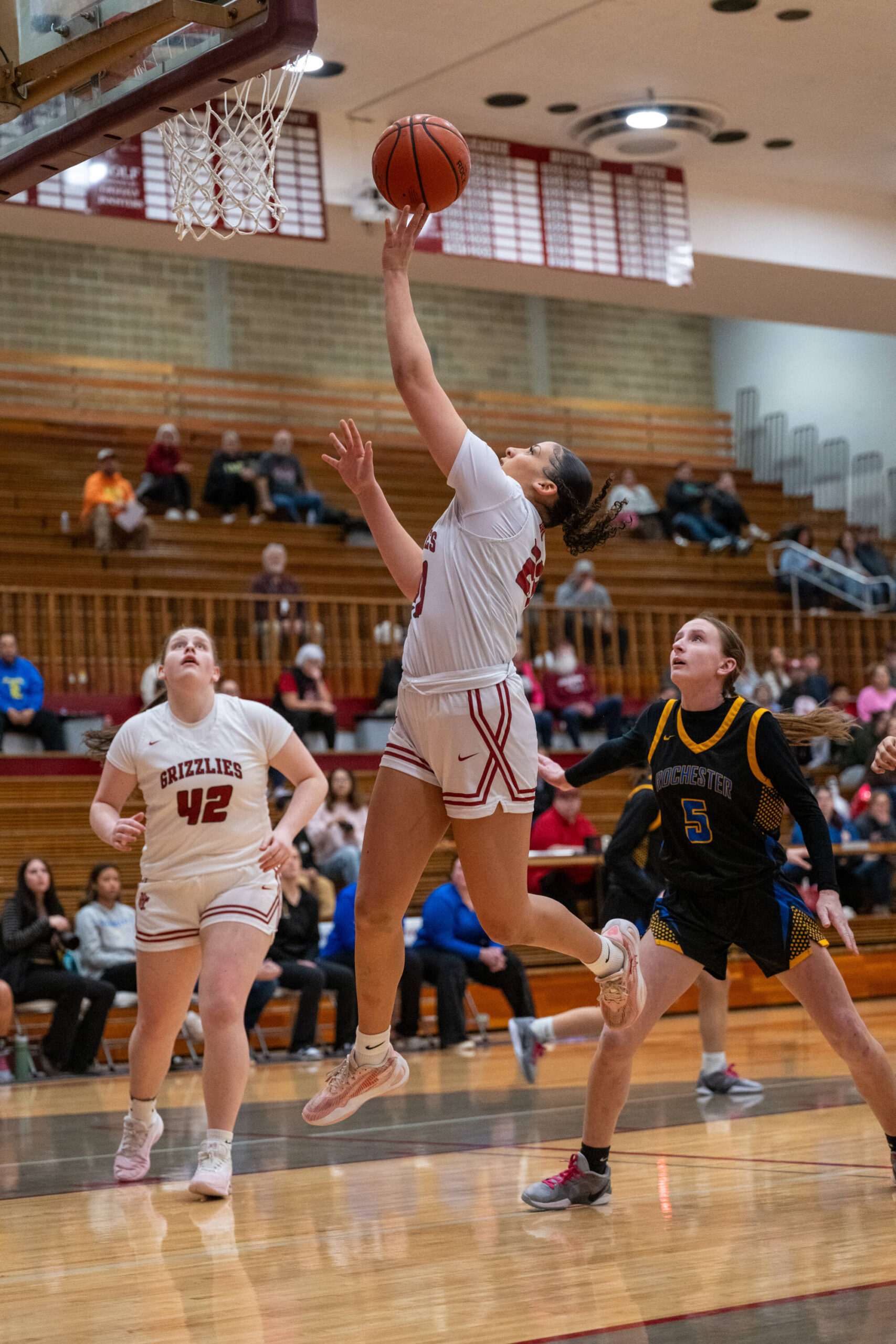 PHOTO BY FOREST WORGUM Hoquiams Aaliyah Kennedy glides to the basket to score two of her game-high 24 points in a 65-21 victory over Rochester on Thursday at Hoquiam Square Garden.