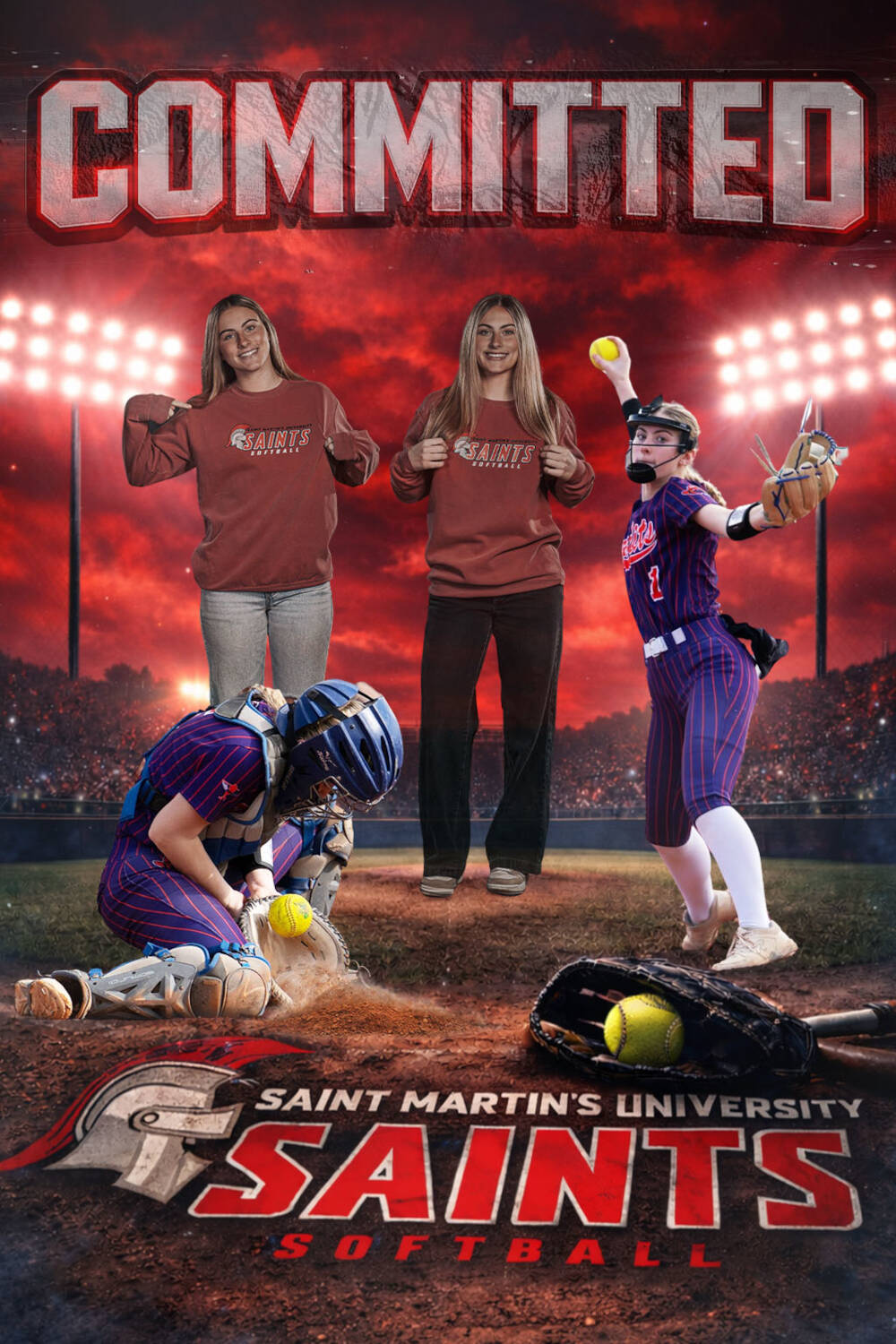 SUBMITTED GRAPHIC Elma High Schools Raelynn (left) and Ashlynn Weld verbally committed to play softball for Saint Martins University on Jan. 19. The pitcher-catcher twin sister combo will graduate are entering their junior season and will graduate in 2027.