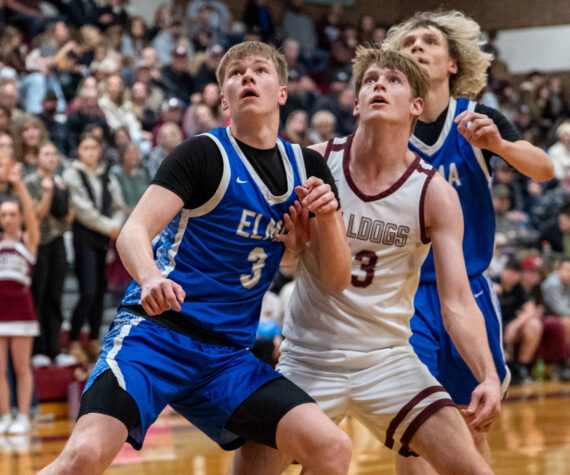 <p>PHOTO BY FOREST WORGUM Montesano&rsquo;s Carter Ames (middle) competes for a rebound against Elma&rsquo;s Isaac McGaffey (left) and Tanner Moe during the Bulldogs&rsquo; 57-45 over Elma in a 1A District 4 semifinal game on Tuesday at Montesano High School.</p>