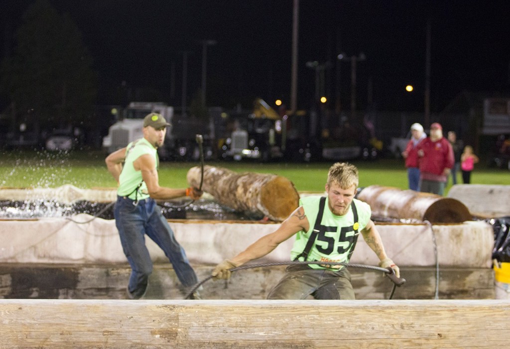 (Corey Morris | Grays Harbor Newspaper Group) Mickey Huffman and Kris Cain compete in the local choker setting event during the 52nd Loggers Playday on Sept. 10 in Hoquiam.