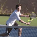 (Brendan Carl | The Daily World) Aberdeen&rsquo;s Ryan Solan plays a ball at the net during the Bobcats match with Chehalis. Solan rallied afer losing the first match to defeat Brandon Touhey, 4-6, 6-0, 6-1.