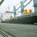 A 600-foot vessel docked at the Port of Grays Harbor awaits its cargo. Ships like this will be able to increase their payload 10 percent after the dredging project is finished. BOB KIRKPATRICK|THE DAILY WORLD