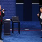 Donald Trump and and Hillary Clinton on stage during the second debate between the Republican and Democratic presidential candidates on Sunday, Oct. 9, at Washington University in St. Louis. (Photo by Christian Gooden/St. Louis Post-Dispatch)