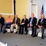 Candidates for Grays Harbor County Commission and GHPUD on Tuesday evening as they wait for a political forum to begin. From Left: Dave Jennings, Dave Timmons, Wes Cormier, Jamie Nichols, Randy Ross and Frank Gordon. Terri Harber/The Daily World