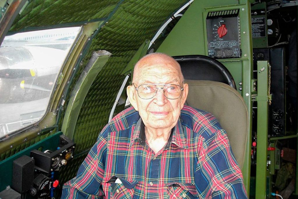 Van Eaton, 94, got in his former seat as T-Square 54 went on public display in the Museum of Flight&rsquo;s new Aviation Pavilion. (Photo courtesy Wallace Van Eaton)