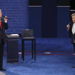 Donald Trump and and Hillary Clinton on stage during the second debate between the Republican and Democratic presidential candidates on Sunday, Oct. 9, 2016 at Washington University in St. Louis, Mo. (Christian Gooden/St. Louis Post-Dispatch/TNS)