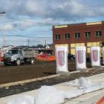 Work continued Friday on the Tesla Supercharger station in downtown Aberdeen. (Terri Harber|The Daily World)