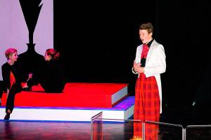 Riley Jackson portrays Ladahlord in &ldquo;James and the Giant Peach,&rdquo; which debuts Friday at the Bishop Center for Performing Arts at Grays Harbor College. Sitting to the left are Maija Nordin and Chawndra Hicks. (Bob Kirkpatrick/The Daily World)