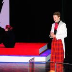 Riley Jackson portrays Ladahlord in &ldquo;James and the Giant Peach,&rdquo; which debuts Friday at the Bishop Center for Performing Arts at Grays Harbor College. Sitting to the left are Maija Nordin and Chawndra Hicks. (Bob Kirkpatrick/The Daily World)