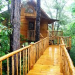 The walkway to the Lofty Lookout Treehouse gets you ready for the inside, which includes a king size bed and a heart-shaped Jacuzzi for two. It&rsquo;s one of the treehouse or cottage you can book at Treehouse Cottages in Eureka Springs, Arkansas.