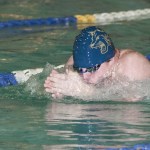 (Brendan Carl | The Daily World) Aberdeen&rsquo;s Trevor Mullin swims the breaststroke during the Aberdeen Relays on Wednesday.