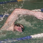 (Brendan Carl | The Daily World) Aberdeen&rsquo;s Trevor Mullin swims the 400-yard freestyle relay during the Aberdeen Relays on Wednesday.