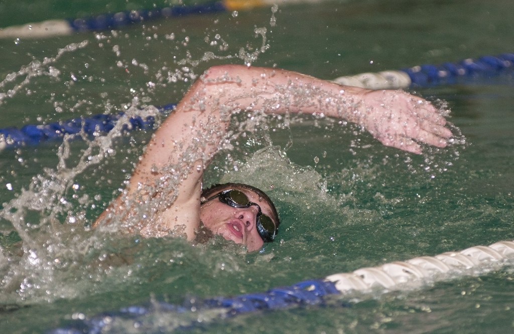 (Brendan Carl | The Daily World) Aberdeen&rsquo;s Trevor Mullin swims the 400-yard freestyle relay during the Aberdeen Relays on Wednesday.
