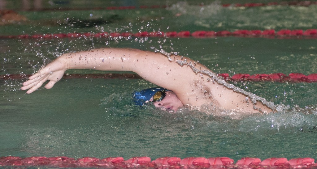 (Brendan Carl | The Daily World) Aberdeen&rsquo;s Sage Bridges swims the 850-yard freestyle relay during the Aberdeen Relays on Wednesday.
