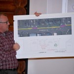 Mark R. Steepy, Managing Principal of KPFF Consulting Engineers in Lacey, shows an illustration of the primary preferred alignment for the North Shore Levee in the area of East Market Street in Aberdeen. The yellow line shows the location of the concrete barrier, the pink lines show the locations of &ldquo;stoplog closures,&rdquo; which are normally open areas in the levee that can be closed with temporary walls when flood risk is imminent.