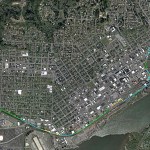 The general route for the North Shore Levee&rsquo;s &ldquo;preferred alignment.&rdquo; The different colors represent different building materials: blue for concrete, yellow for sheet pile wall and orange for high ground, or earthen. The pink areas in the line are locations for stoplog closures, openings in the permanent dike to allow for street access that can be closed with temporary metal inserts if a flood is imminent.