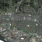 The general route for the North Shore Levee&rsquo;s &ldquo;preferred alignment.&rdquo; The different colors represent different building materials: blue for concrete, yellow for sheet pile wall and orange for high ground, or earthen. The pink areas in the line are locations for stoplog closures, openings in the permanent dike to allow for street access that can be closed with temporary metal inserts if a flood is imminent.