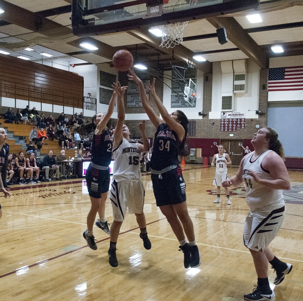(Brendan Carl | The Daily World) Montesano&rsquo;s Josie Talley puts up a shot just out of the reach of Black Hills&rsquo; Natania Serhan on Tuesday.