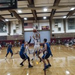 (Brendan Carl | The Daily World) Montesano&rsquo;s Evan Bates elevates over the Eatonville defense to take a shot on Friday.