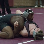 (Brendan Carl | The Daily World) Hoquiam&rsquo;s Artimus Johnson pins Montesano&rsquo;s Jesse Wojcik.